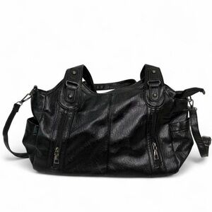 City Y2K Retro Utility Grunge Large Black Faux Leather Tote Silver Hardware Chic